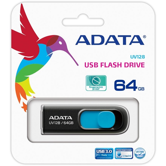 Memoria Usb Adata 64Gb 3.0 Retractil Uv128 Negra Y Azul Auv128 64G Rbe