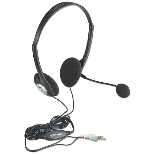 [164429] Audifonos Diadema Manhattan Con Microfono Y Control De Volumen Plug 3.5Mm Negro 164429